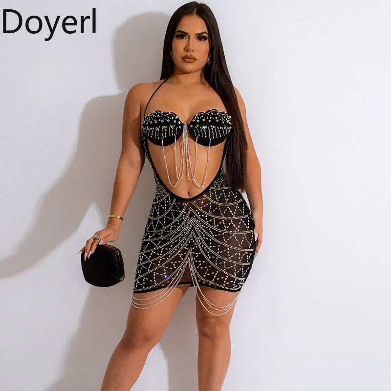 Doyerl Crystal Diamonds Tassel Birthday Dress Women Luxury Party Night Club Hollow Out Mesh See Through Rhinestones Mini Dress