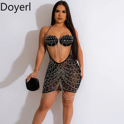 Doyerl Crystal Diamonds Tassel Birthday Dress Women Luxury Party Night Club Hollow Out Mesh See Through Rhinestones Mini Dress