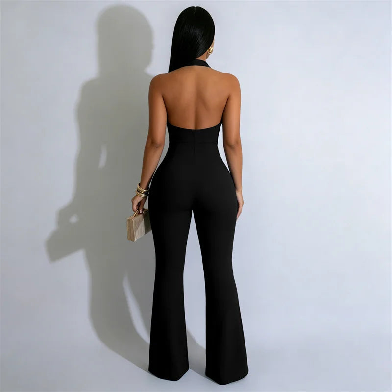 Sexy Halter Backless Women's Jumpsuits and Rompers Sleeveless Hollow Out Single-breasted Skinny Party Overalls Club Outfits