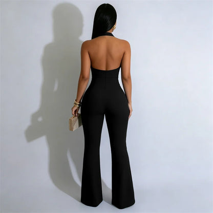 Sexy Halter Backless Women's Jumpsuits and Rompers Sleeveless Hollow Out Single-breasted Skinny Party Overalls Club Outfits