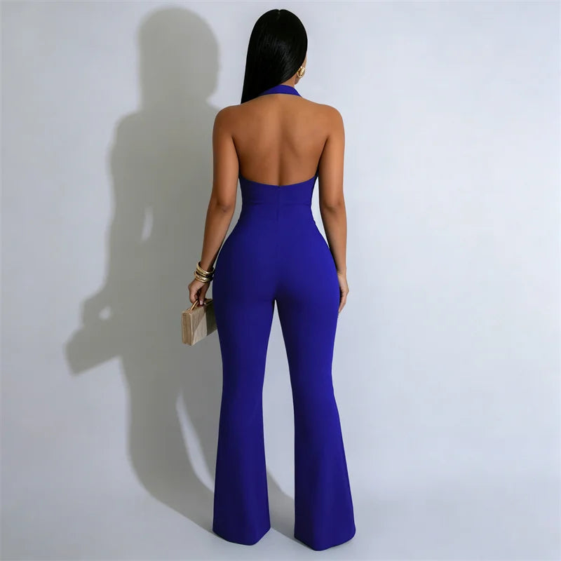 Sexy Halter Backless Women's Jumpsuits and Rompers Sleeveless Hollow Out Single-breasted Skinny Party Overalls Club Outfits