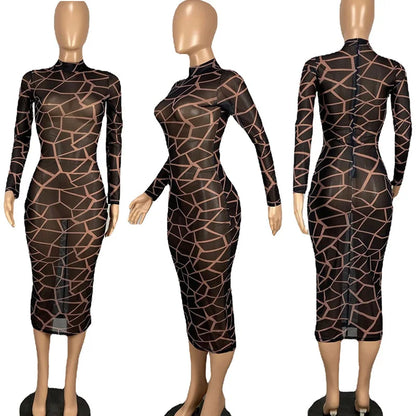 Sexy Sheer Mesh Patchwork Long Sleeve Bodycon Dress Women Night Club Party Plaid Stretchy Slim Midi Dresses Vestidos Para Mujer