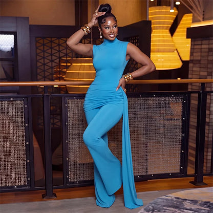 2026 Chic Solid 2 Piece Sets Woman Outfits Elegant Club Party Ruched Ribbon Sleeveless Top and Flare Pants New in Matching Sets