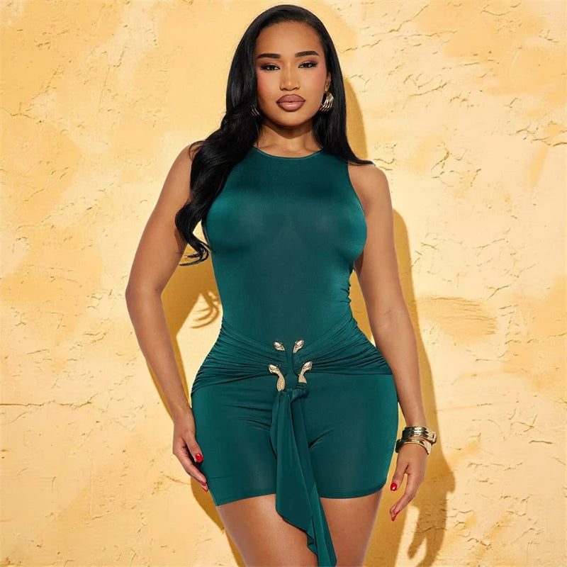 Doyerl Elegant Bodycon Playsuits Woman Romper Club Wear Party Skinny Metal Ring Button Ruched Jumpsuit with Ribbon Combishort
