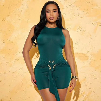 Doyerl Elegant Bodycon Playsuits Woman Romper Club Wear Party Skinny Metal Ring Button Ruched Jumpsuit with Ribbon Combishort