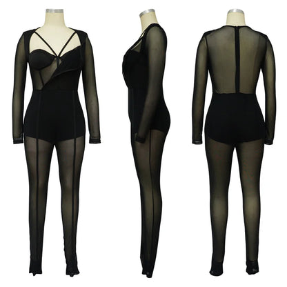 Sexy Mesh Patchwork Sheer Night Club Bodycon Jumpsuit for Women See Through One Piece Rompers Clubwear Party Birthday Outfits
