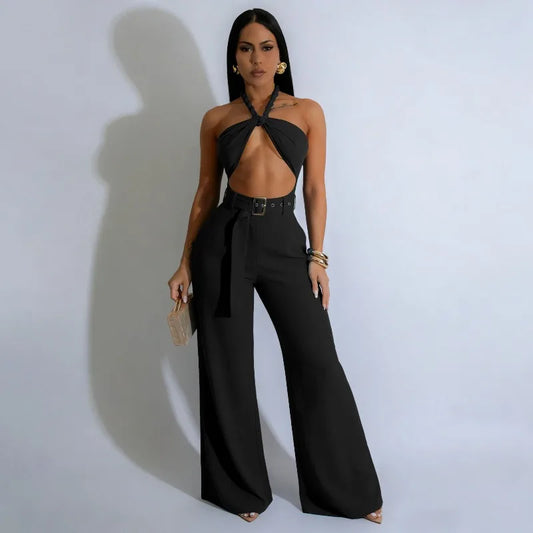Sexy Halter Backless Overalls for Woman Jumpsuit Rave Festival Clothing Hollow Out Sleeveless Night Out Club Party Romper Belt