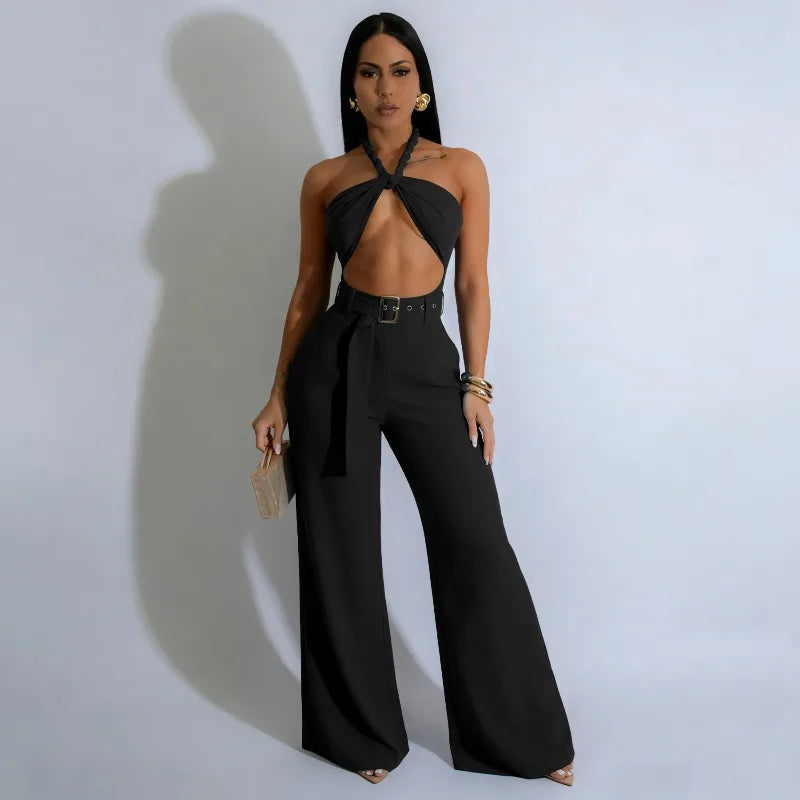 Sexy Halter Backless Overalls for Woman Jumpsuit Rave Festival Clothing Hollow Out Sleeveless Night Out Club Party Romper Belt