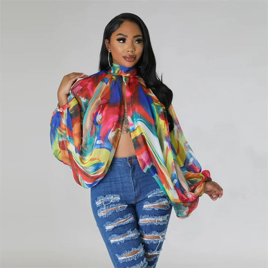Printing Batwing Sleeve Chiffon Shirts & Blouses for Women Tops Y2K Sheer Front Split Blouse Party Nightclub Blusas Para Mujer