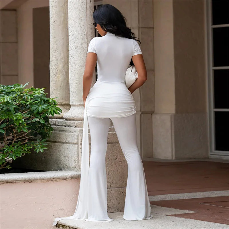 Doyerl Club Party Elegant Jumpsuit Woman Flare Pants Stretchy Slim Short Sleeve Ruched One Piece Rompers Mono Mujer Elegantes