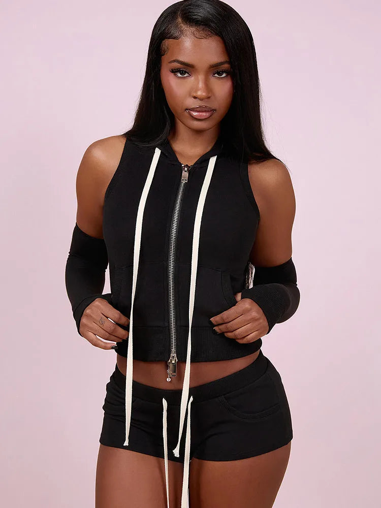 Doyerl Casual Sweat Suit Woman Clothing 2 Piece Sets Active Wear Zipper Hooded Top and Shorts Casual Outfits Ensemble Sport