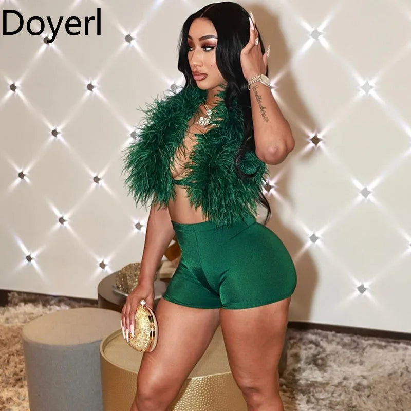 Doyerl Fake Fur Night Out Outfits Women Two Piece Set Sexy Club Halter Lace-up Crop Top and Shorts Birthday Ensemble Short Femme