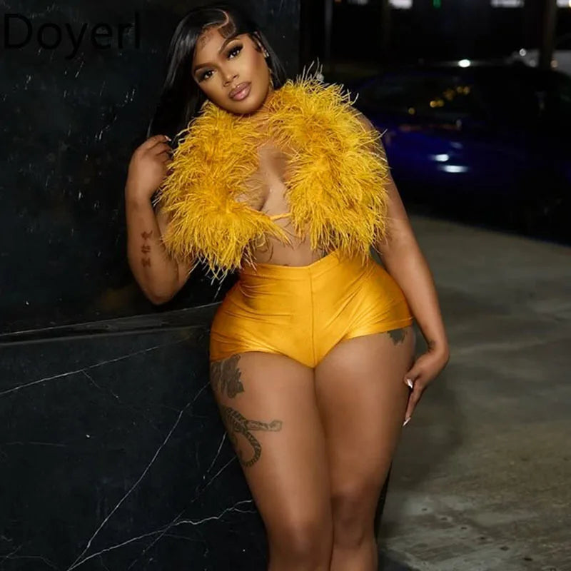 Doyerl Fake Fur Night Out Outfits Women Two Piece Set Sexy Club Halter Lace-up Crop Top and Shorts Birthday Ensemble Short Femme