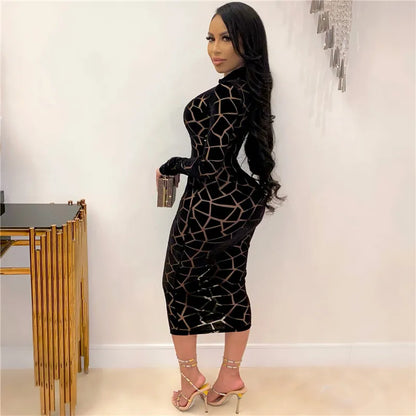 Sexy Sheer Mesh Patchwork Long Sleeve Bodycon Dress Women Night Club Party Plaid Stretchy Slim Midi Dresses Vestidos Para Mujer