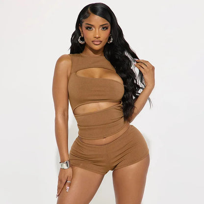 Sexy Hollow Out Clubbing Woman Outfit Sets 2 Piece Rave Festival Clothing Party Knit Top and Shorts Matching Set Conjunto Verano