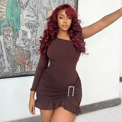 Sexy One Shoulder Bodycon Mini Dress with Sleeve Women Night Club Party Sheath Stretchy Button Ruched Ruffles Hem Short Dresses