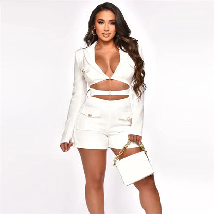 Elegant Stylish Blazer Style Rompers Womens Jumpsuit Shorts Long Sleeve Hollow Out Bodycon Playsuit One Pieces Club Outfits