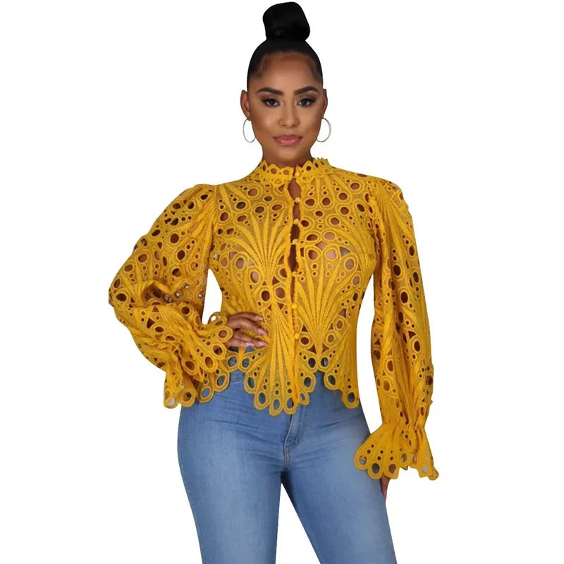 Sexy Hollow Out Floral White Blouses Tops for Woman 2025 Birthday Flare Sleeve Stylish Y2K Club Wear Shirts Blusas Para Mujer