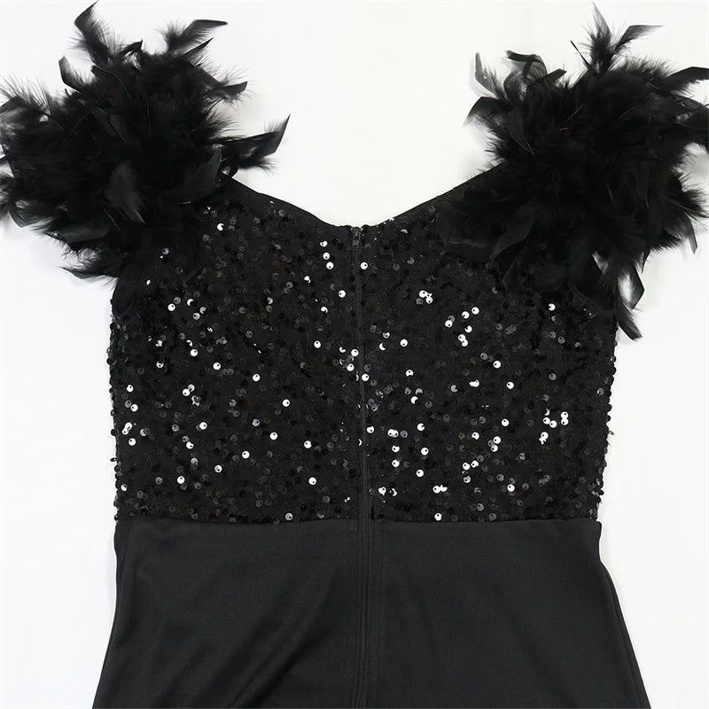 Doyerl Glitter Sequined Wedding Guest Dresses for Woman Elegant Party Evening Feathers Sleeve Split Club Mermaid Prom Dress Robe