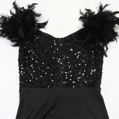 Doyerl Glitter Sequined Wedding Guest Dresses for Woman Elegant Party Evening Feathers Sleeve Split Club Mermaid Prom Dress Robe