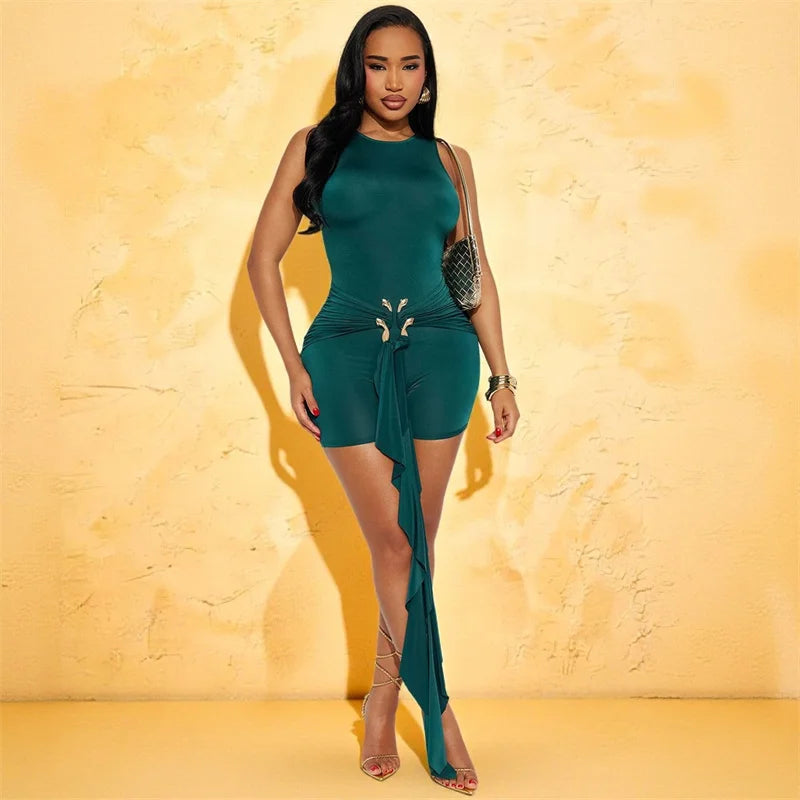 Doyerl Elegant Bodycon Playsuits Woman Romper Club Wear Party Skinny Metal Ring Button Ruched Jumpsuit with Ribbon Combishort