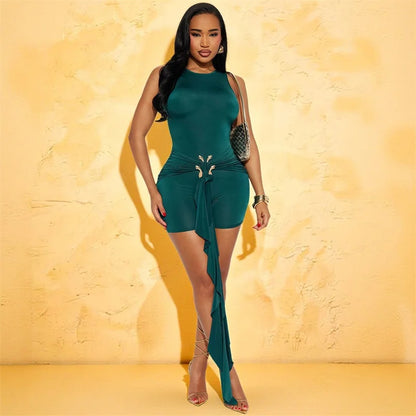 Doyerl Elegant Bodycon Playsuits Woman Romper Club Wear Party Skinny Metal Ring Button Ruched Jumpsuit with Ribbon Combishort