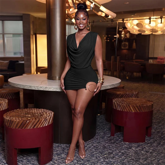 Sexy Deep V-neck Backless Birthday Dress for Woman Party Club Night Out Sleeveless Ruched Metal Ring Bodycon Mini Dress Elegant
