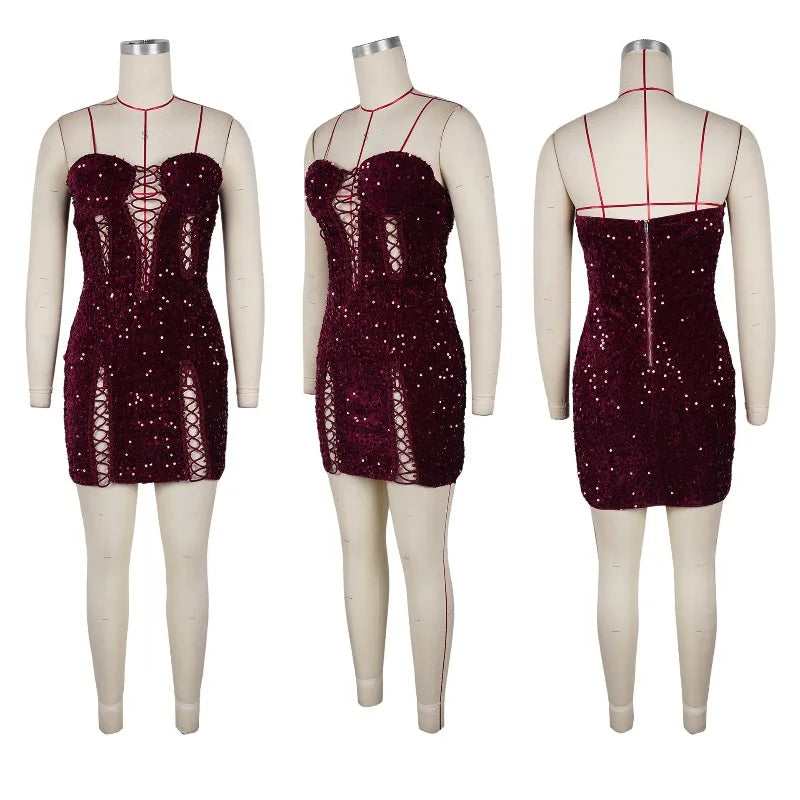 Doyerl Glitter Sequin Dress Woman Birthday Tube Strapless Lace-up Hollow Out Night Club Party Bandage Bodycon Mini Dress Vestido