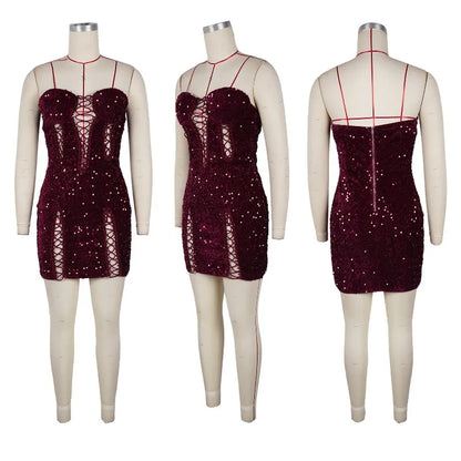 Doyerl Glitter Sequin Dress Woman Birthday Tube Strapless Lace-up Hollow Out Night Club Party Bandage Bodycon Mini Dress Vestido