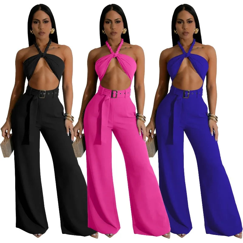 Sexy Halter Backless Overalls for Woman Jumpsuit Rave Festival Clothing Hollow Out Sleeveless Night Out Club Party Romper Belt