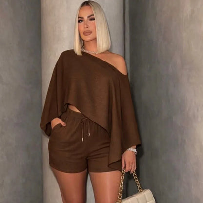 Doyerl Solid Beach Wear Vacation Short Set Woman Outfits Sets 2 Piece Off Shoulder Irregular Crop Top and Shorts Matching Sets