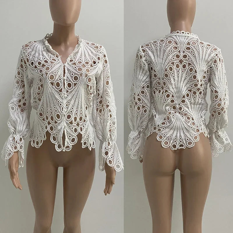 Sexy Hollow Out Floral White Blouses Tops for Woman 2025 Birthday Flare Sleeve Stylish Y2K Club Wear Shirts Blusas Para Mujer