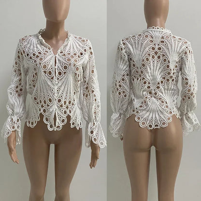 Sexy Hollow Out Floral White Blouses Tops for Woman 2025 Birthday Flare Sleeve Stylish Y2K Club Wear Shirts Blusas Para Mujer