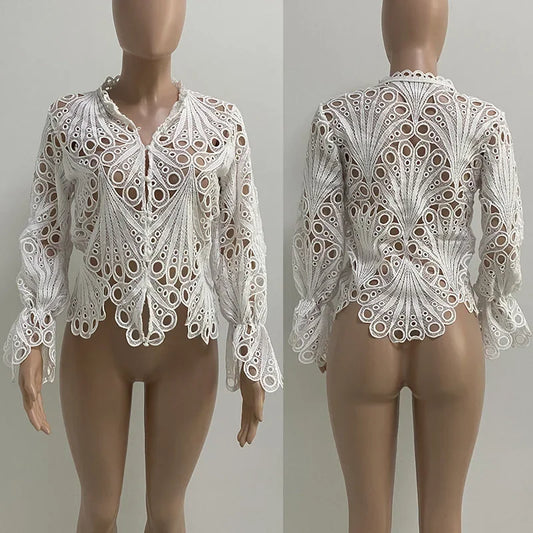 Sexy Hollow Out Floral White Blouses Tops for Woman 2025 Birthday Flare Sleeve Stylish Y2K Club Wear Shirts Blusas Para Mujer