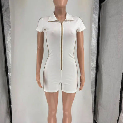 Doyerl Front Zipper Turn-down Collar Playsuit Women's Jumpsuits and Rompers Short Sleeve Slim Casual Sporty One Piece Outfits