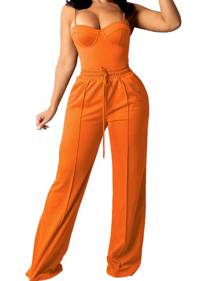 Doyerl Solid Elegant 2 Piece Set Woman Clothing Spaghetti Strap Strapless Top and Drawstring Wide Leg Pants Matching Sets Outfit