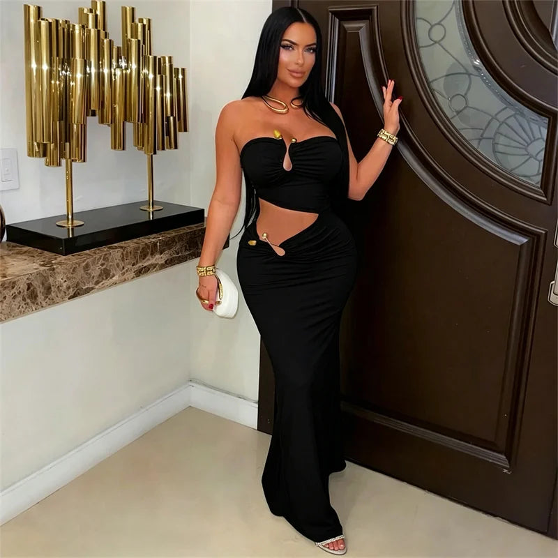 Sexy Strapless Party Dress Woman for Birthday Cut Out Sheath Slim Club Wear Night Out Bodycon Long Dress Vestidos Elegantes