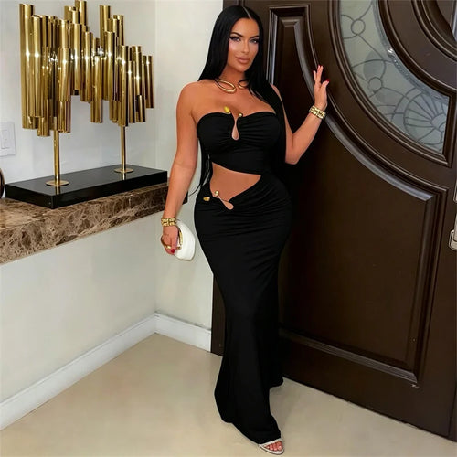 Sexy Strapless Party Dress Woman for Birthday Cut Out Sheath Slim Club Wear Night Out Bodycon Long Dress Vestidos Elegantes