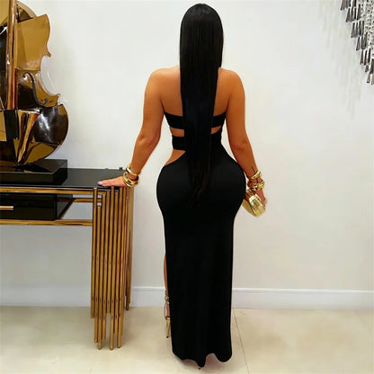 Doyerl Metal Ring Bandage Strapless Birthday Dresses for Woman Party Club Night Hollow Out Bodycon Maxi Dress Robe Longue Femmes