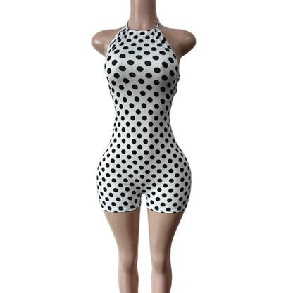 Doyerl Polka Dot Women's Jumpsuits and Rompers Club Party Halter Lace-up Backless Skinny Slim Bodycon Playsuit Combinaison Short