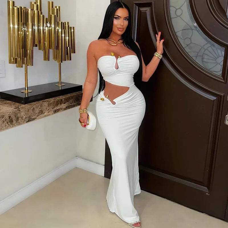 Sexy Strapless Party Dress Woman for Birthday Cut Out Sheath Slim Club Wear Night Out Bodycon Long Dress Vestidos Elegantes