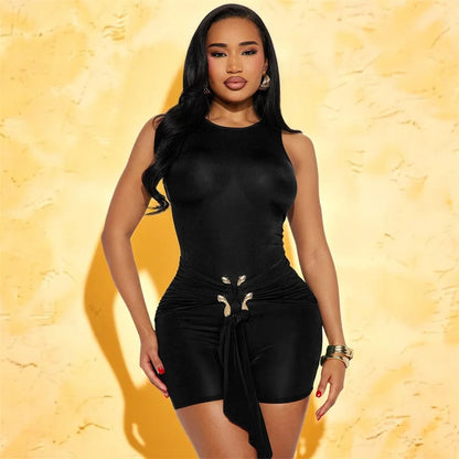 Doyerl Elegant Bodycon Playsuits Woman Romper Club Wear Party Skinny Metal Ring Button Ruched Jumpsuit with Ribbon Combishort
