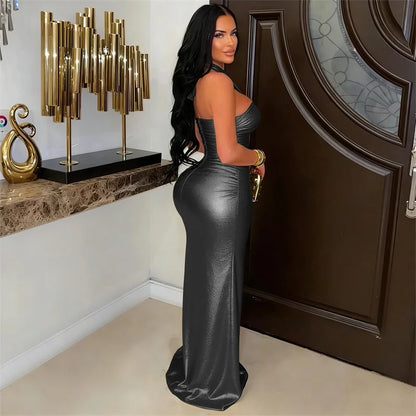 Doyerl Elegant Birthday Dresses for Woman Evening Nightclub Party Halter Strapless Hollow Out Ruched High Split Maxi Dress Robe
