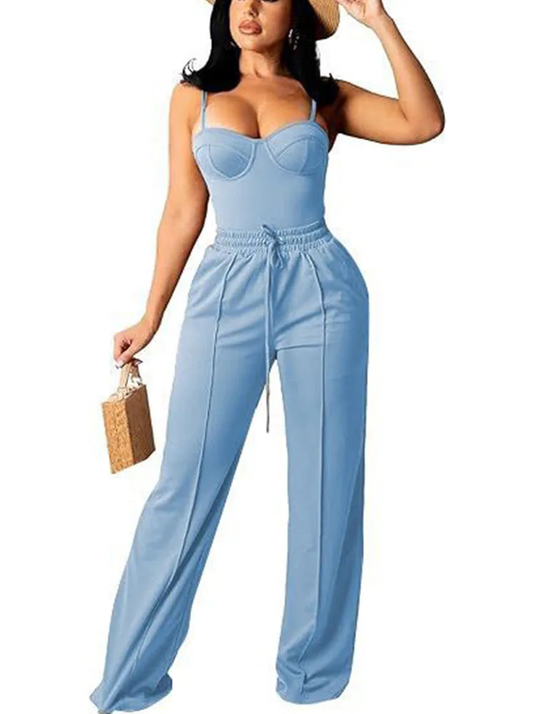 Doyerl Solid Elegant 2 Piece Set Woman Clothing Spaghetti Strap Strapless Top and Drawstring Wide Leg Pants Matching Sets Outfit