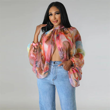 Printing Batwing Sleeve Chiffon Shirts & Blouses for Women Tops Y2K Sheer Front Split Blouse Party Nightclub Blusas Para Mujer