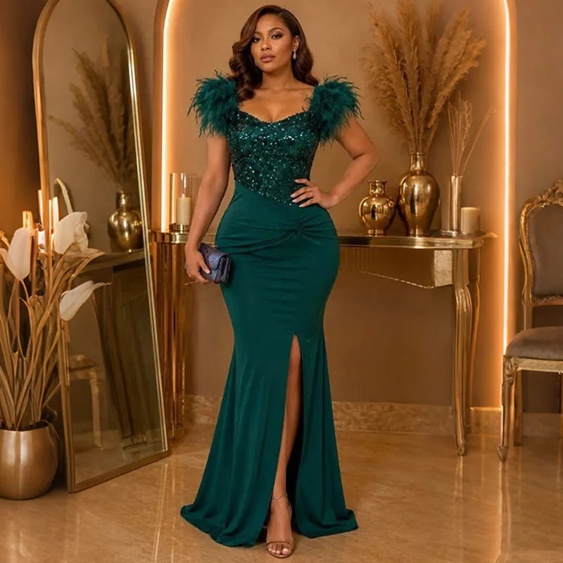 Doyerl Glitter Sequined Wedding Guest Dresses for Woman Elegant Party Evening Feathers Sleeve Split Club Mermaid Prom Dress Robe